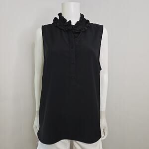 J Crew XXL Ruffleneck Sleeveless Top Blouse Black Henley High Neck Preppy Womens